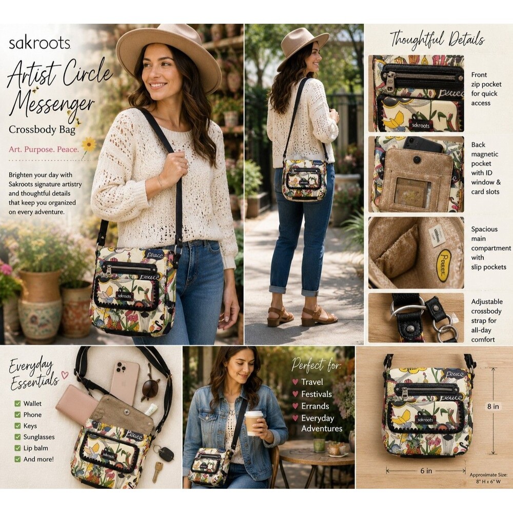 Sakroots Artist Circle Messenger Crossbody Bag Boho Peace Floral Birds Canvas